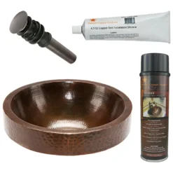 Premier Copper Products 17" Round Skirted Vessel Hammered Copper Bathroom Sink, Matching Drain and Accessories, Oil Rubbed Bronze, BSP5_VR17SKDB-P