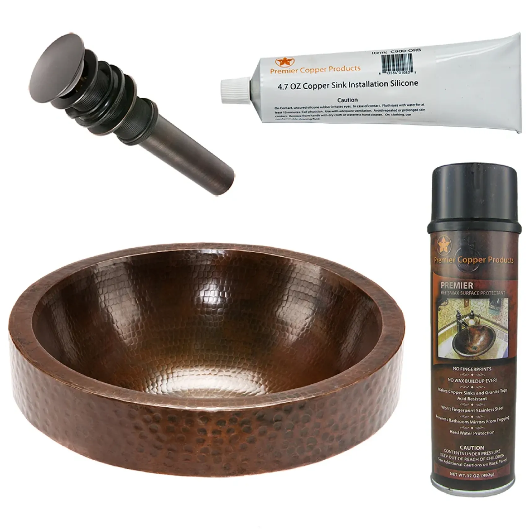 Premier Copper Products 17" Round Skirted Vessel Hammered Copper Bathroom Sink, Matching Drain and Accessories, Oil Rubbed Bronze, BSP5_VR17SKDB-P