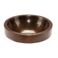 Premier Copper Products 17" Round Skirted Vessel Hammered Copper Bathroom Sink, Matching Drain and Accessories, Oil Rubbed Bronze, BSP5_VR17SKDB-P