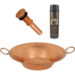 Premier Copper Products 16" Round Miners Pan Vessel Hammered Copper Bathroom Sink in Polished Copper, Matching Drain and Accessories, BSP5_VR16MPPC-P
