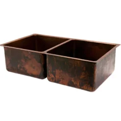 Premier Copper Products 33" Copper Kitchen Sink, 50/50 Double Bowl, Oil Rubbed Bronze, K50DB33199