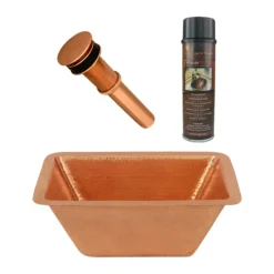 Premier Copper Products 17" Rectangle Under Counter Hammered Copper Bathroom Sink in Polished Copper, Matching Drain and Accessories, BSP5_LRECPC-P