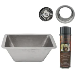 Premier Copper Products 17" Rectangle Copper Prep Bar Sink in Nickel w/ 3.5" Drain Opening, Matching Drain and Accessories, BSP5_BRECEN3-G