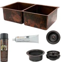 Premier Copper Products 33" Hammered Copper Kitchen 50/50 Double Basin Sink with Matching Drains, and Accessories, Oil Rubbed Bronze, KSP3_K50DB33199