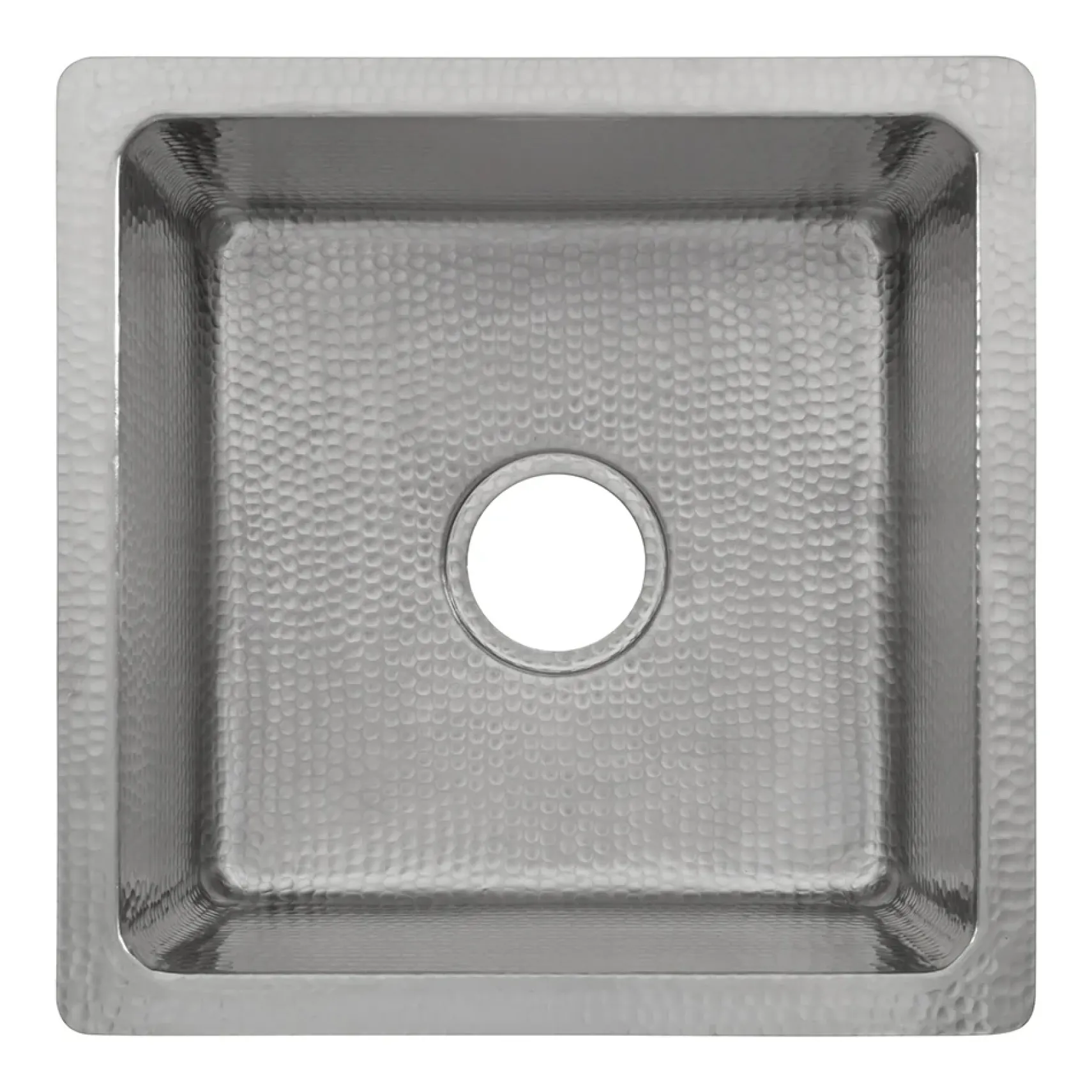 Premier Copper Products 16" Square Hammered Copper Bar/Prep Sink in Nickel w/ 3.5" Drain Opening, Matching Drain and Accessories, BSP5_BS16EN3-D