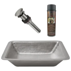 Premier Copper Products 19" Rectangle Under Counter Hammered Copper Bathroom Sink in Nickel, Matching Drain and Accessories, BSP5_LREC19EN-P