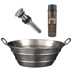 Premier Copper Products 16" Oval Bucket Vessel Hammered Copper Bathroom Sink with Handles in Nickel, Matching Drain and Accessories, BSP5_VOB16EN-P