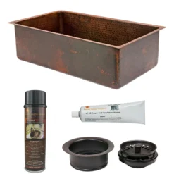Premier Copper Products 30" Hammered Copper Kitchen Single Basin Sink with Matching Drain and Accessories, Oil Rubbed Bronze, KSP3_KSDB30199
