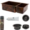 Premier Copper Products 33" Hammered Copper Kitchen 75/25 Double Basin Sink with Matching Drains, and Accessories, Oil Rubbed Bronze, KSP3_K75DB33199
