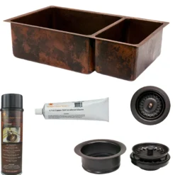 Premier Copper Products 33" Hammered Copper Kitchen 75/25 Double Basin Sink with Matching Drains, and Accessories, Oil Rubbed Bronze, KSP3_K75DB33199