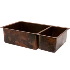 Premier Copper Products 33" Hammered Copper Kitchen 75/25 Double Basin Sink with Matching Drains, and Accessories, Oil Rubbed Bronze, KSP3_K75DB33199