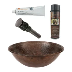 Premier Copper Products 15" Round Wired Rim Vessel Hammered Copper Bathroom Sink, Matching Drain and Accessories, Oil Rubbed Bronze, BSP5_VR15WDB-P