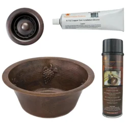 Premier Copper Products 16" Round Copper Bar Sink w/ Grapes and 2" Drain Opening, Matching Drain and Accessories, Oil Rubbed Bronze, BSP5_BR16GDB2-B