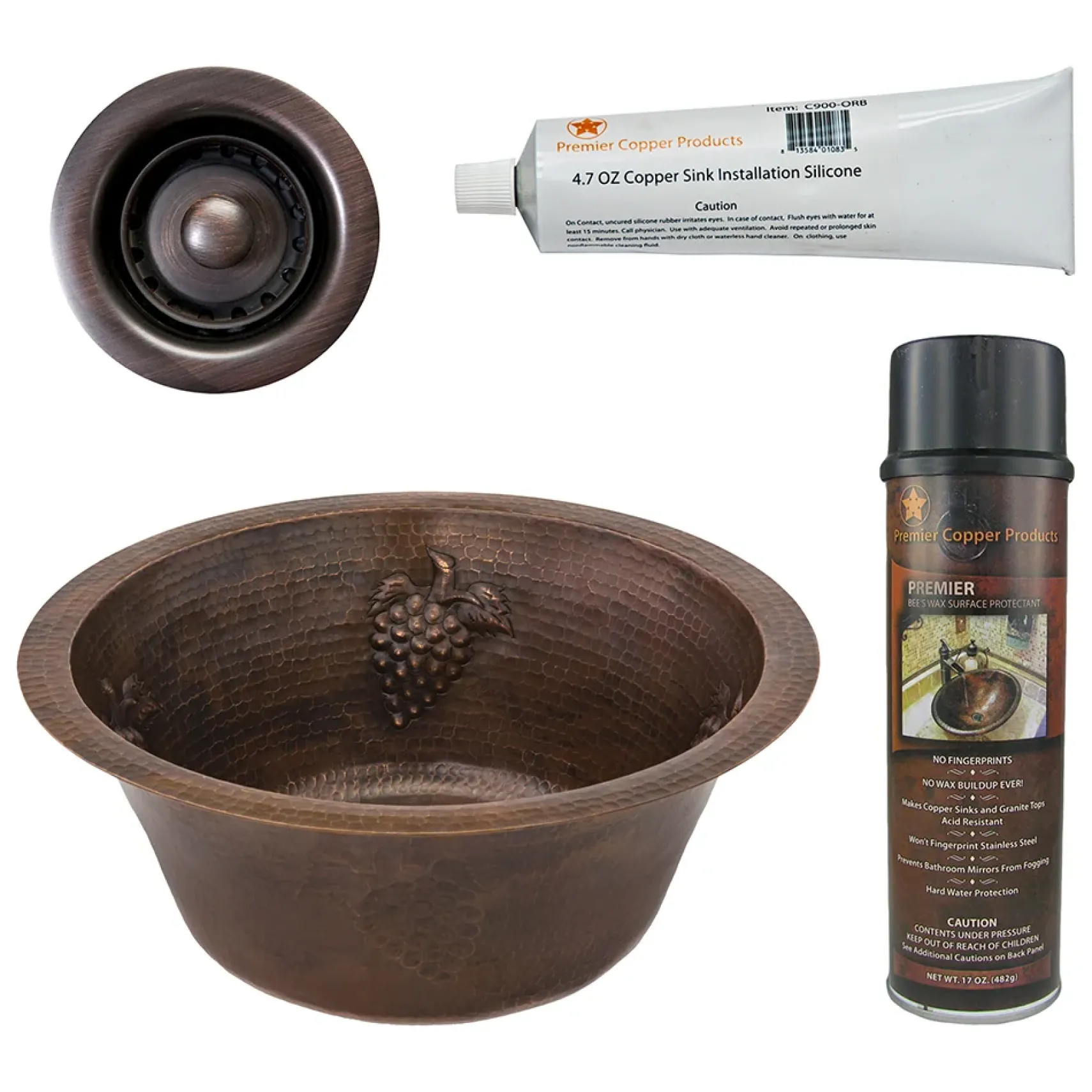 Premier Copper Products 16" Round Copper Bar Sink w/ Grapes and 2" Drain Opening, Matching Drain and Accessories, Oil Rubbed Bronze, BSP5_BR16GDB2-B