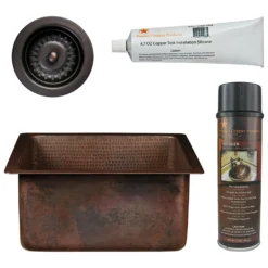Premier Copper Products 16" Square Hammered Copper Bar/Prep Sink w/ 3.5" Drain Opening, Matching Drain and Accessories, Oil Rubbed Bronze, BSP5_BS16DB3-D