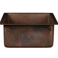 Premier Copper Products 16" Square Hammered Copper Bar/Prep Sink w/ 3.5" Drain Opening, Matching Drain and Accessories, Oil Rubbed Bronze, BSP5_BS16DB3-D