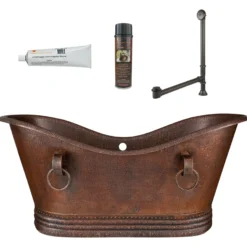 Premier Copper Products 67" Hammered Copper Double Slipper Bathtub with Rings and Overflow Holes and Drain Package, Oil Rubbed Bronze, BSP5_BTDR67DBOF