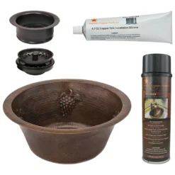 Premier Copper Products 16" Round Copper Prep Bar Sink w/ Grapes and 3.5" Drain Opening, Matching Drain and Accessories, Oil Rubbed Bronze, BSP5_BR16GDB3-G