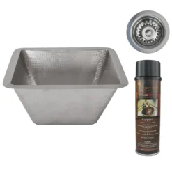 Premier Copper Products 15" Square Hammered Copper Bar/Prep Sink in Nickel w/ 3.5" Drain Opening, Matching Drain and Accessories, BSP5_BS15EN3-D