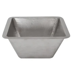 Premier Copper Products 15" Square Hammered Copper Bar/Prep Sink in Nickel w/ 3.5" Drain Opening, Matching Drain and Accessories, BSP5_BS15EN3-D