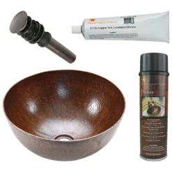 Premier Copper Products 15" Medium Round Vessel Hammered Copper Bathroom Sink, Matching Drain and Accessories, Oil Rubbed Bronze, BSP5_VR15BDB-P