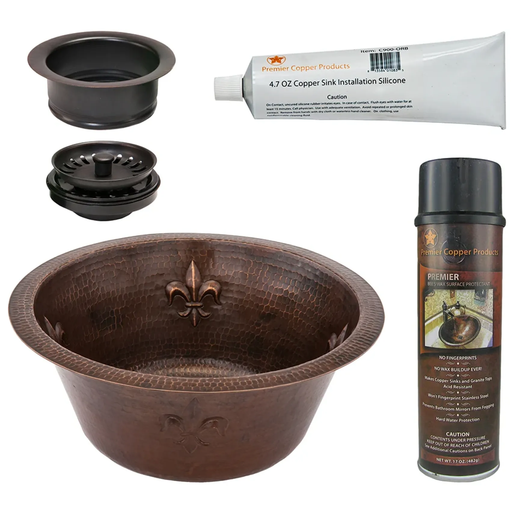 Premier Copper Products 16" Round Copper Prep Bar Sink w/ Fleur De Lis and 3.5" Drain Opening, Matching Drain and Accessories, Oil Rubbed Bronze, BSP5_BR16FDB3-G