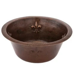 Premier Copper Products 16" Round Copper Prep Bar Sink w/ Fleur De Lis and 3.5" Drain Opening, Matching Drain and Accessories, Oil Rubbed Bronze, BSP5_BR16FDB3-G