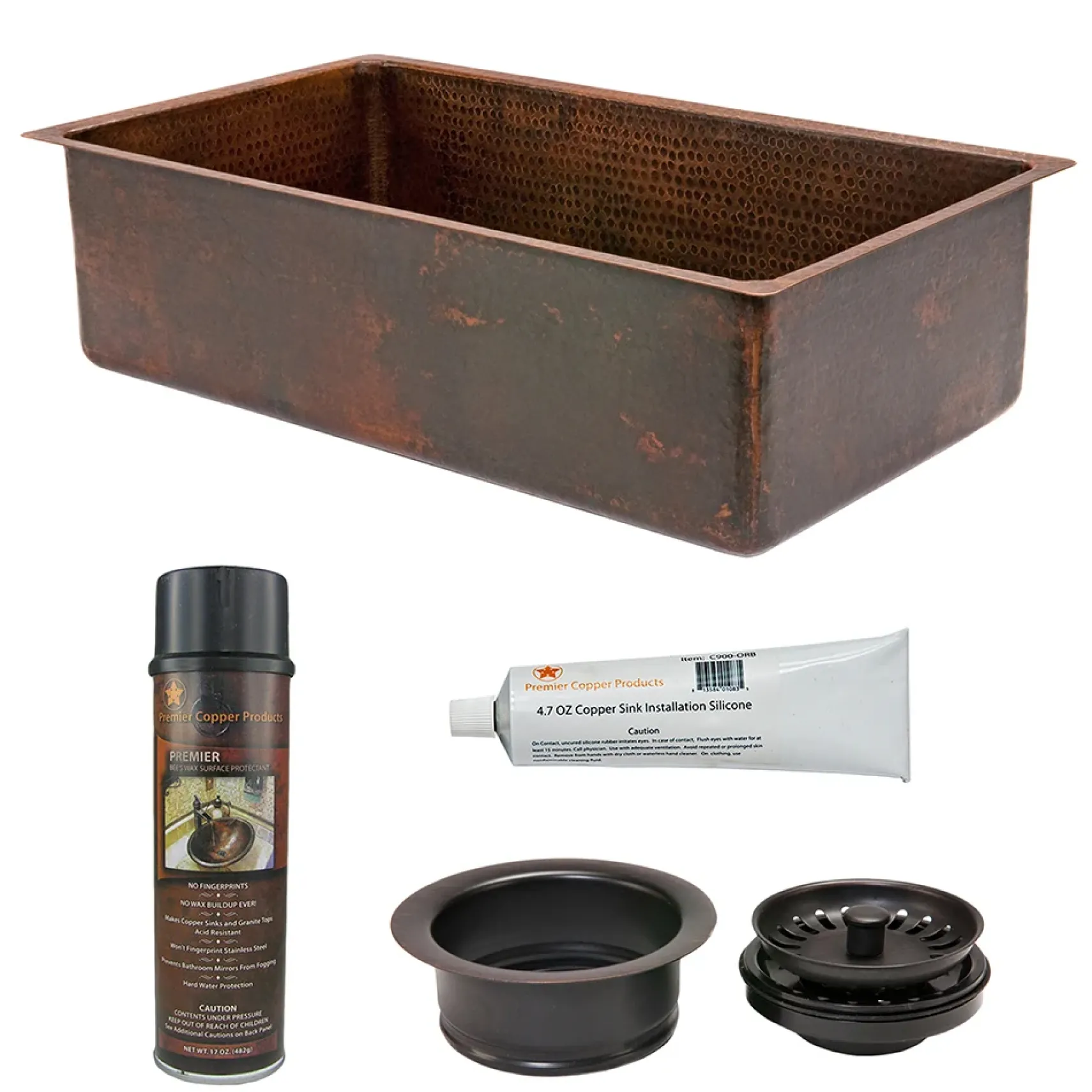 Premier Copper Products 33" Hammered Copper Kitchen Single Basin Sink with Matching Drain and Accessories, Oil Rubbed Bronze, KSP3_KSDB33199