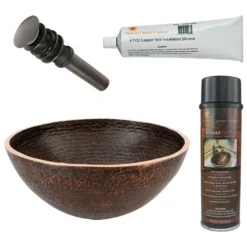 Premier Copper Products 13" Round Hand Forged Old World Copper Vessel Bathroom Sink, Matching Drain and Accessories, Oil Rubbed Bronze, BSP5_PV13RDB-P