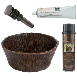 Premier Copper Products Forest Vessel Hammered Copper Bathroom Sink, Matching Drain and Accessories, Oil Rubbed Bronze, BSP5_PVRTRDB-P