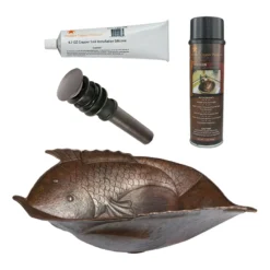 Premier Copper Products Two Fish Vessel Hammered Copper Bathroom Sink, Matching Drain and Accessories, Oil Rubbed Bronze, BSP5_PV2FHDB-P