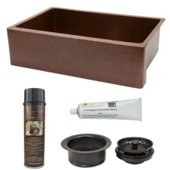 Premier Copper Products 33" Antique Hammered Copper Kitchen Apron Single Basin Farmhouse Sink with Matching Drain, and Accessories, Antique Copper, KSP3_KASB33229