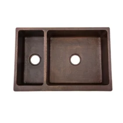 Premier Copper Products 33" Copper Farmhouse Sink, 25/75 Double Bowl, Oil Rubbed Bronze, KA25DB33229