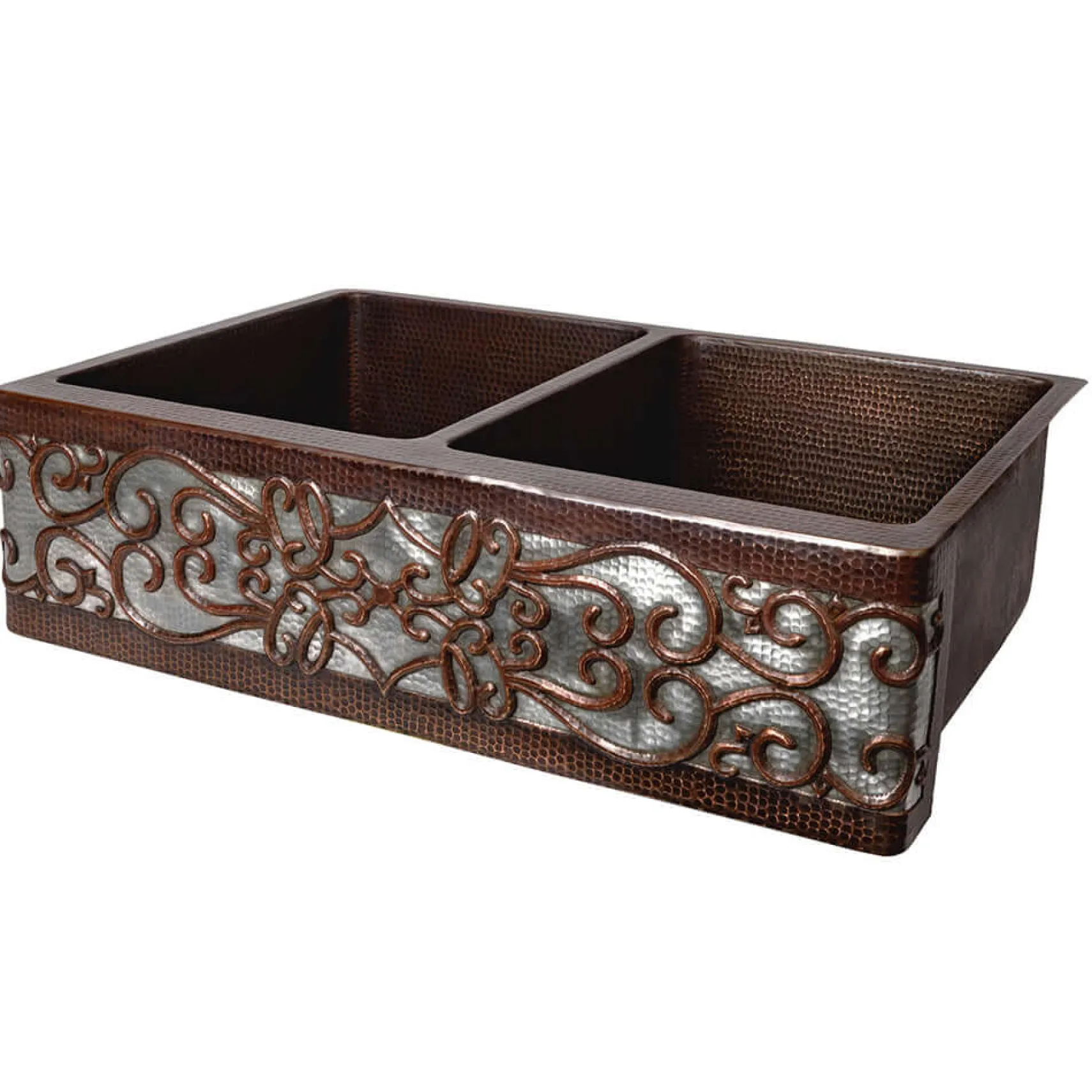 Premier Copper Products 33" Copper Farmhouse Sink, 50/50 Double Bowl, Oil Rubbed Bronze and Nickel, KA50DB33229S-NB