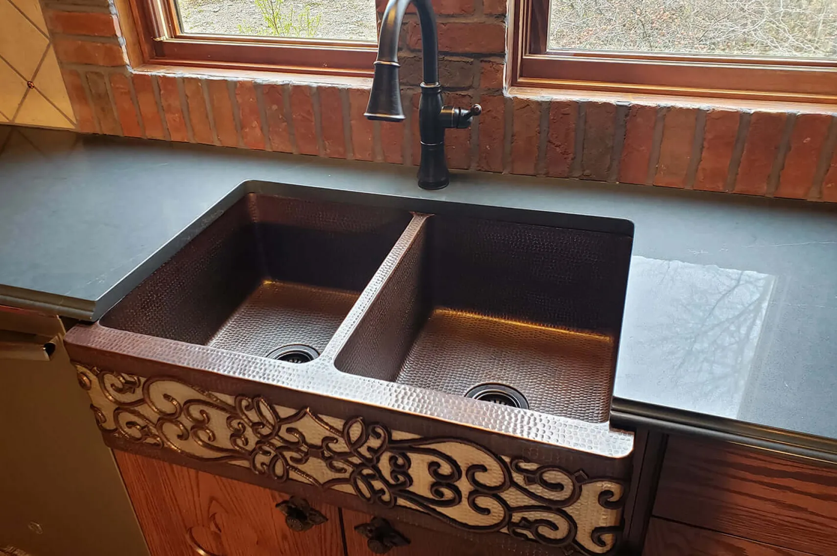 Premier Copper Products 33" Copper Farmhouse Sink, 50/50 Double Bowl, Oil Rubbed Bronze and Nickel, KA50DB33229S-NB