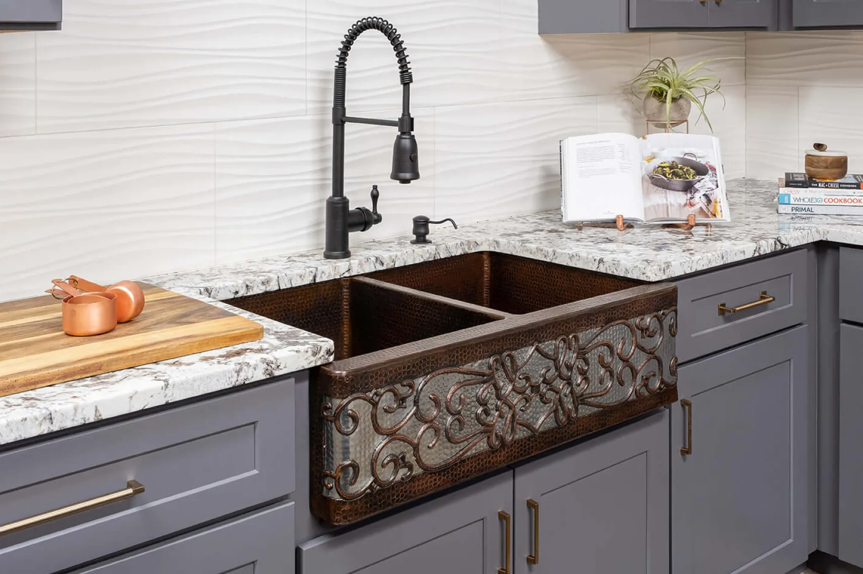 Premier Copper Products 33" Copper Farmhouse Sink, 50/50 Double Bowl, Oil Rubbed Bronze and Nickel, KA50DB33229S-NB