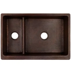 Premier Copper Products 33" Copper Farmhouse Sink, 30/70 Double Bowl, Oil Rubbed Bronze, KA30DB33229-SD5