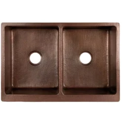Premier Copper Products 33" Copper Farmhouse Sink, 50/50 Double Bowl, Antique Copper, KA50B33229