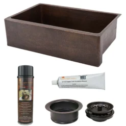 Premier Copper Products 33" Hammered Copper Kitchen Apron Single Basin Farmhouse Sink with Matching Drain, and Accessories, Oil Rubbed Bronze, KSP3_KASDB33229
