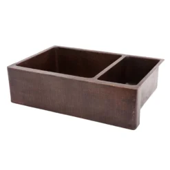 Premier Copper Products 33" Hammered Copper Kitchen Apron 75/25 Double Basin Farmhouse Sink with Matching Drains, and Accessories, Oil Rubbed Bronze, KSP3_KA75DB33229