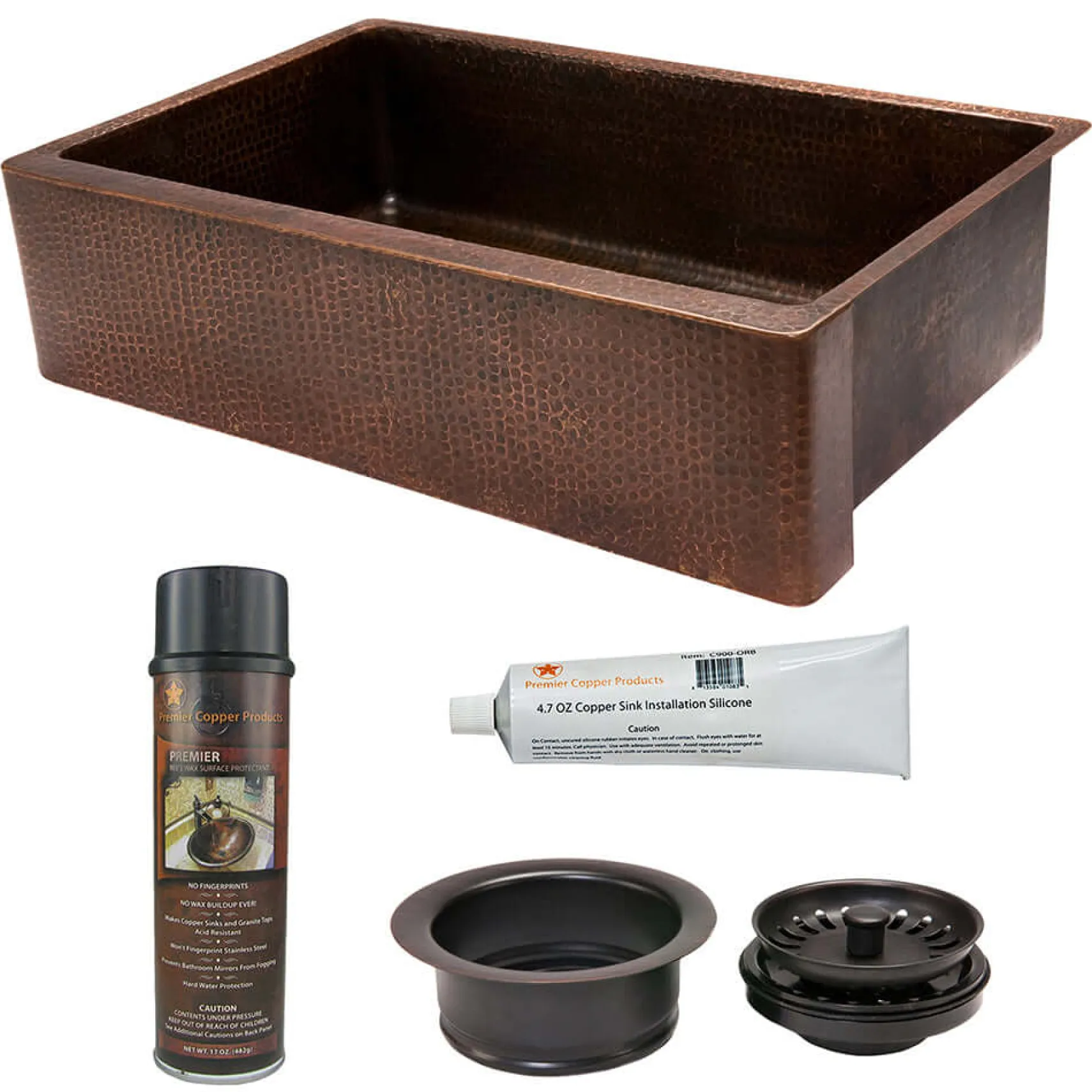 Premier Copper Products 35" Hammered Copper Kitchen Apron Single Basin Farmhouse Sink with Matching Drain and Accessories, Oil Rubbed Bronze, KSP3_KASDB35229
