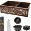 Premier Copper Products 33" Hammered Copper Kitchen Apron 60/40 Double Basin Farmhouse Sink w/ Scroll Design and Apron Front Nickel Background w/ Matching Drains and Accessories, Oil Rubbed Bronze and Nickel, KSP3_KA60DB33229S-NB