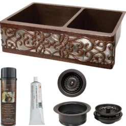 Premier Copper Products 33" Hammered Copper Kitchen Apron 60/40 Double Basin Farmhouse Sink w/ Scroll Design and Apron Front Nickel Background w/ Matching Drains and Accessories, Oil Rubbed Bronze and Nickel, KSP3_KA60DB33229S-NB