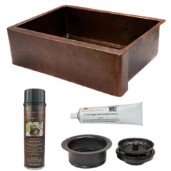 Premier Copper Products 30" Hammered Copper Kitchen Apron Single Basin Farmhouse Sink with Matching Drain and Accessories, Oil Rubbed Bronze, KSP3_KASDB30229