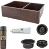 Premier Copper Products 33" Hammered Copper Kitchen Apron 60/40 Double Basin Farmhouse Sink with Matching Drains, and Accessories, Oil Rubbed Bronze, KSP3_KA60DB33229