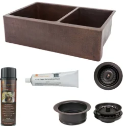 Premier Copper Products 33" Hammered Copper Kitchen Apron 60/40 Double Basin Farmhouse Sink with Matching Drains, and Accessories, Oil Rubbed Bronze, KSP3_KA60DB33229