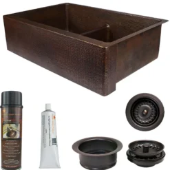 Premier Copper Products 33" Hammered Copper Kitchen Apron 50/50 Double Basin Farmhouse Sink with Short 5" Divider w/ Matching Drains and Accessories, Oil Rubbed Bronze, KSP3_KA50DB33229-SD5