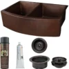 Premier Copper Products 33" Hammered Copper Double Bowl Farmhouse Kitchen Sink with Accessories, Oil Rubbed Bronze, KSP3_KA50RDB33249