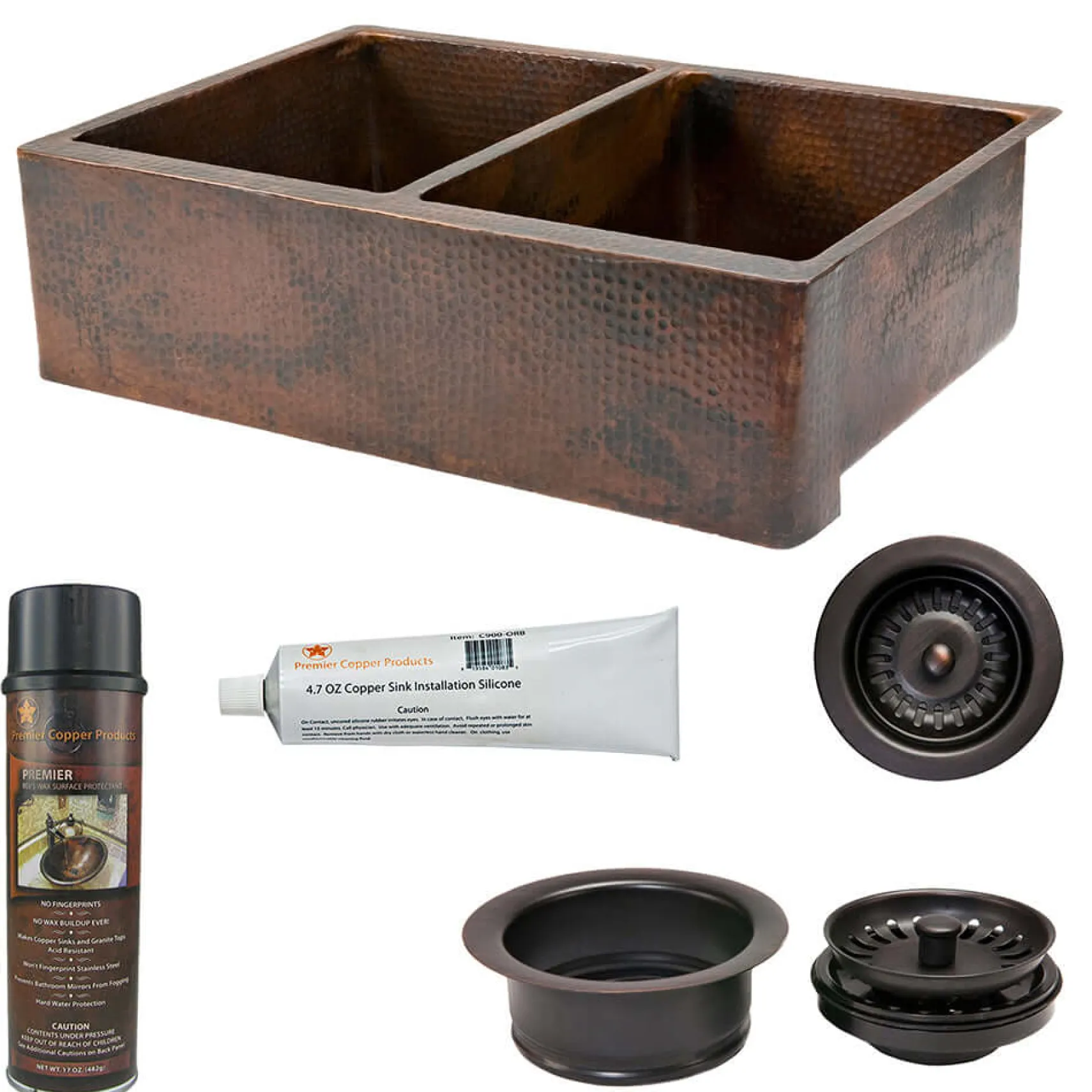 Premier Copper Products 33" Hammered Copper Kitchen Apron 50/50 Double Basin Farmhouse Sink with Matching Drains, and Accessories, Oil Rubbed Bronze, KSP3_KA50DB33229