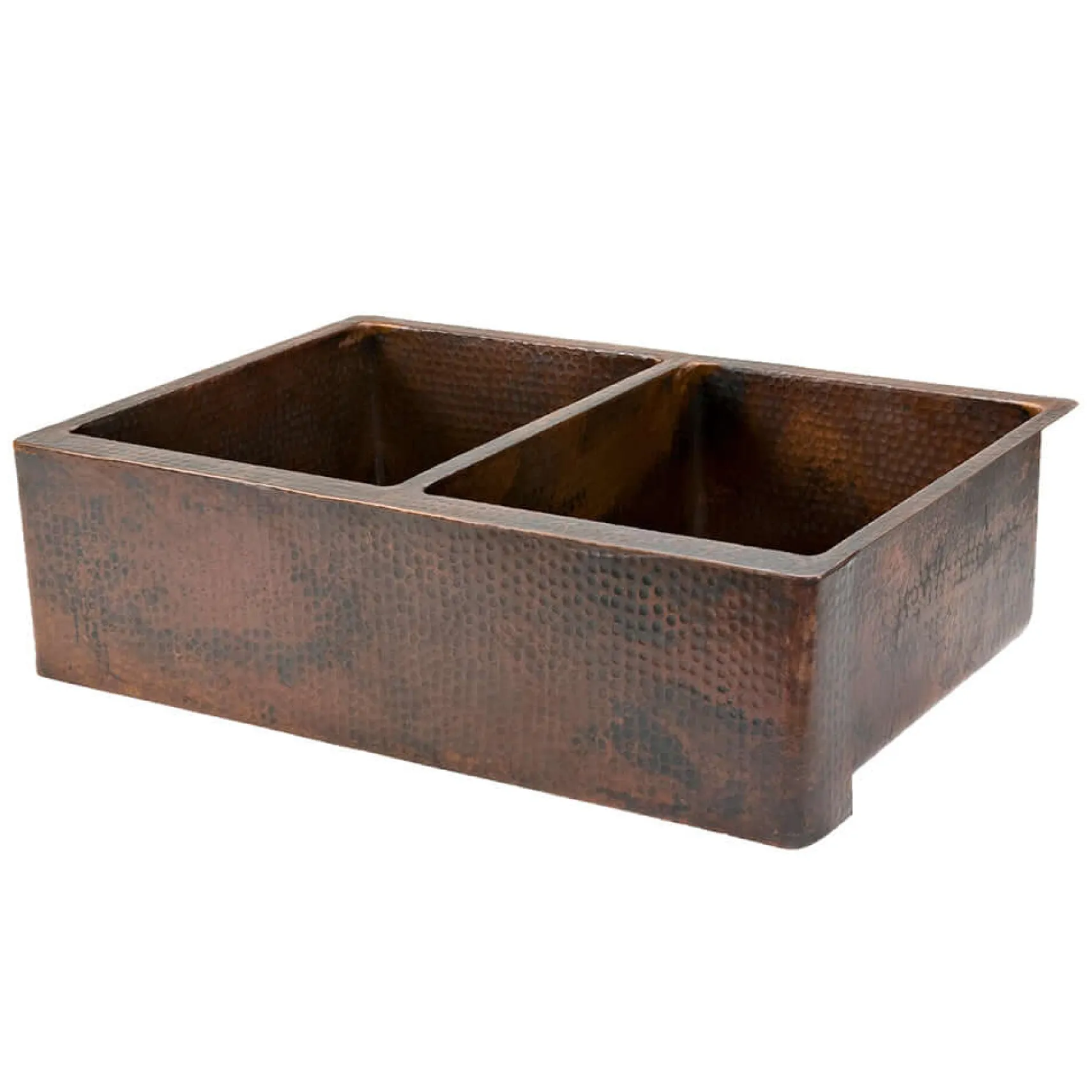 Premier Copper Products 33" Hammered Copper Kitchen Apron 50/50 Double Basin Farmhouse Sink with Matching Drains, and Accessories, Oil Rubbed Bronze, KSP3_KA50DB33229